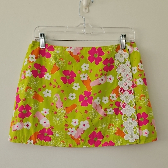 Lilly Pulitzer Vintage Mini Wrap Skirt Gidget Green Flip Flops Size 4 Reversible